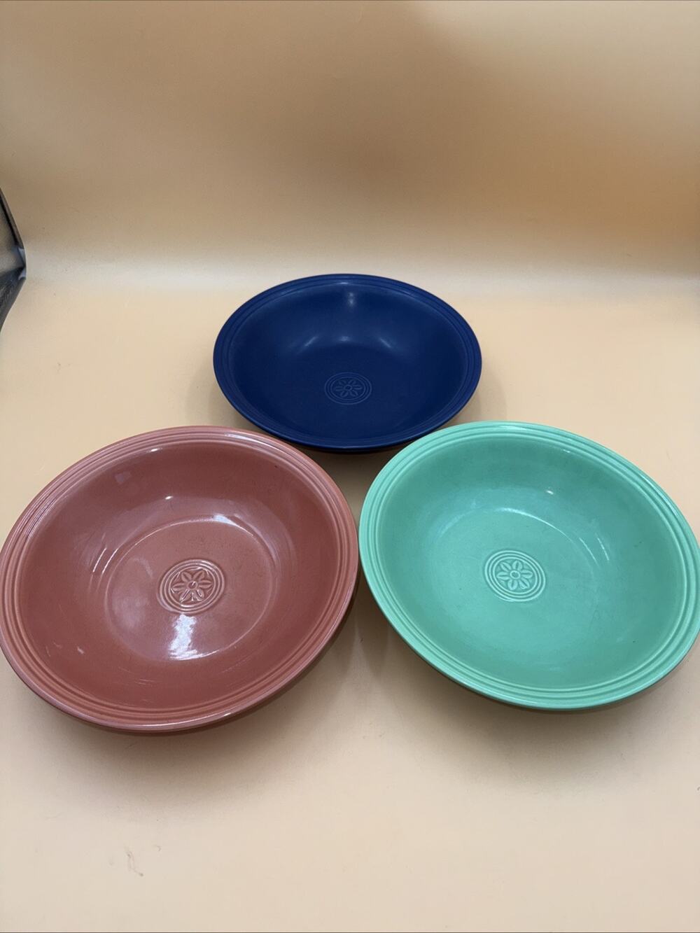 Set of 3 Oneida Petals Pattern Bowls in Terra Cotta, Blue, and Green